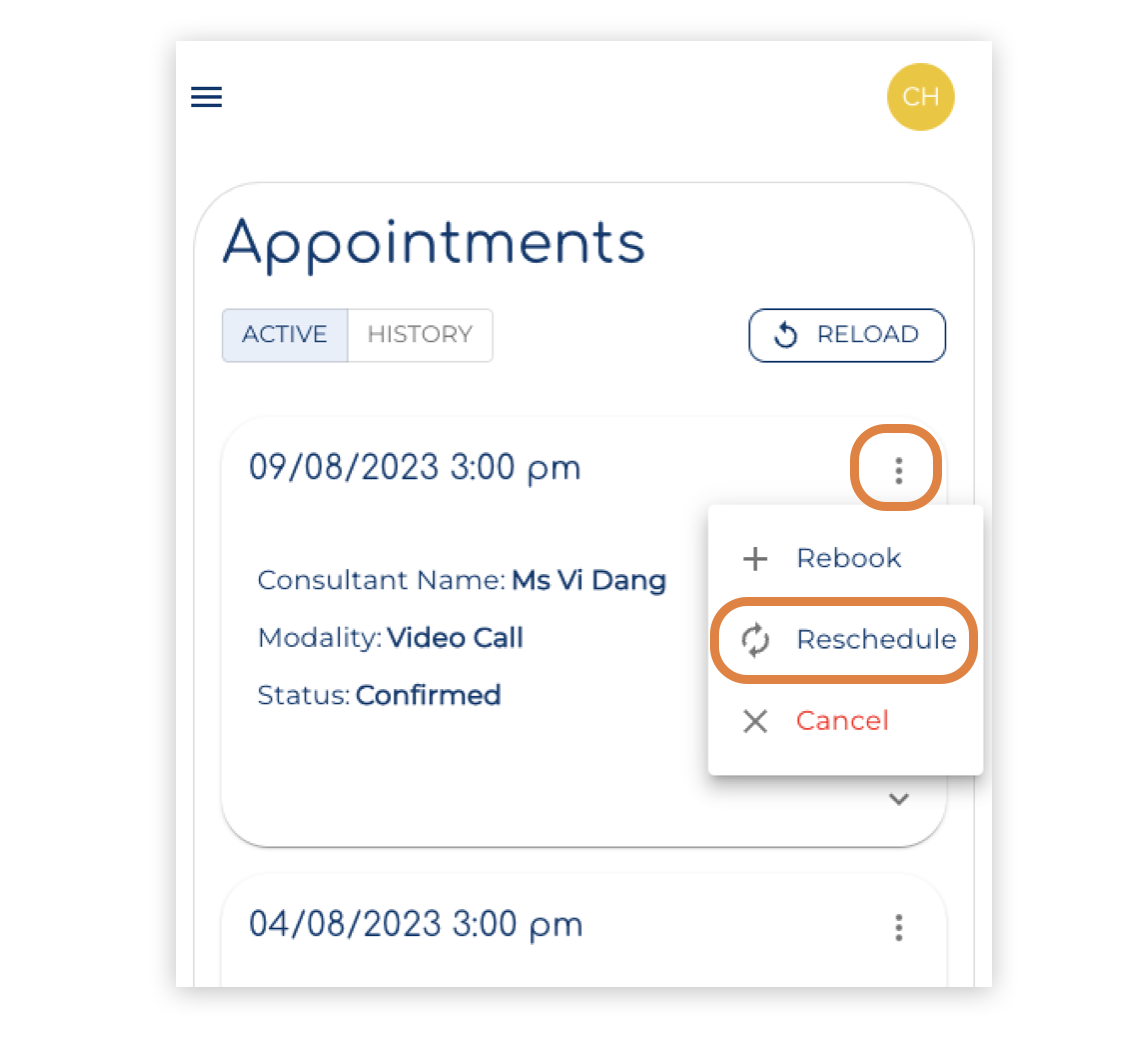 Appointments screen with the action menu to manage the appointment.png